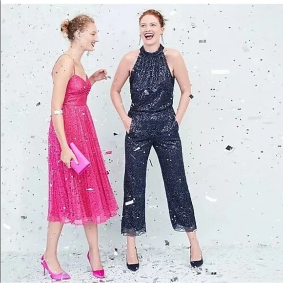 NWT J. CREW Navy Blue Metallic Floral Party Holiday Lace Overlay 2 Piece Set - Picture 2 of 16